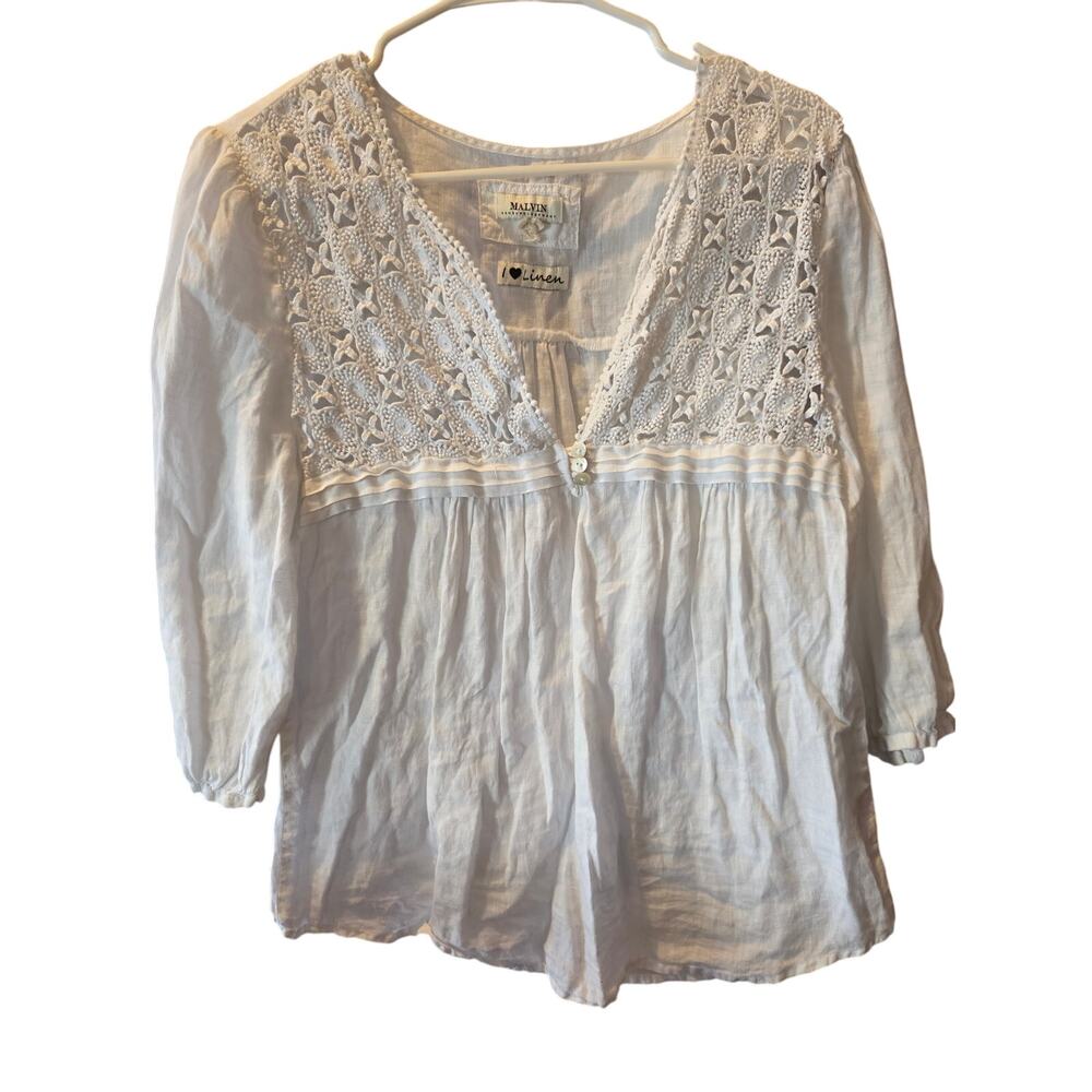 Malvin Hamburg Germany Coquette Linen Top‎ S Womens V Neck Long Sleeve Classic